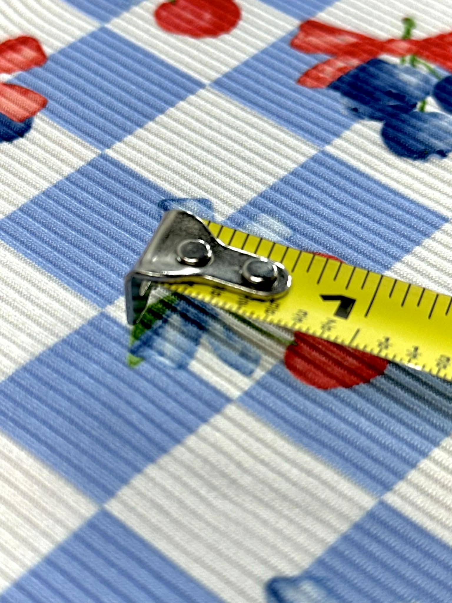 (2X2 YUMMY RIB) CHERRIES AND BLUEBERRIES WITH BOWS ON BLUE AND OFF WHITE CHECKERED