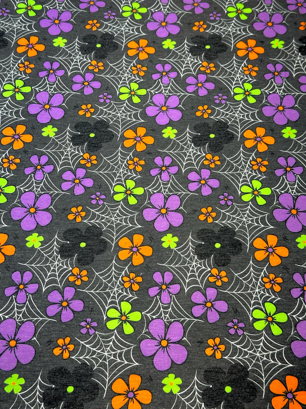 (FRENCH TERRY) SMALL COLORFUL FLOWERS & SPIDERWEBS ON CHARCOAL