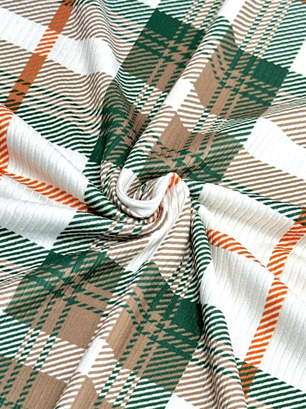 (4X2 RIB) EMERALD, ORANGE, TAN AND OFF WHITE PLAID