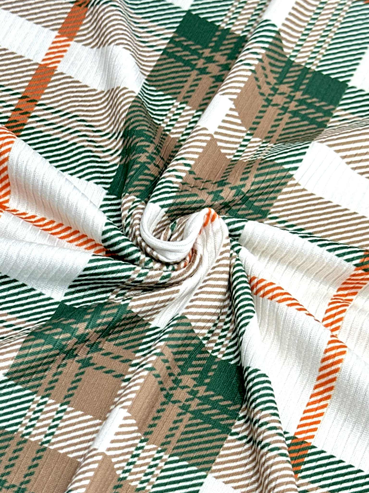 (4X2 RIB) EMERALD, ORANGE, TAN AND OFF WHITE PLAID