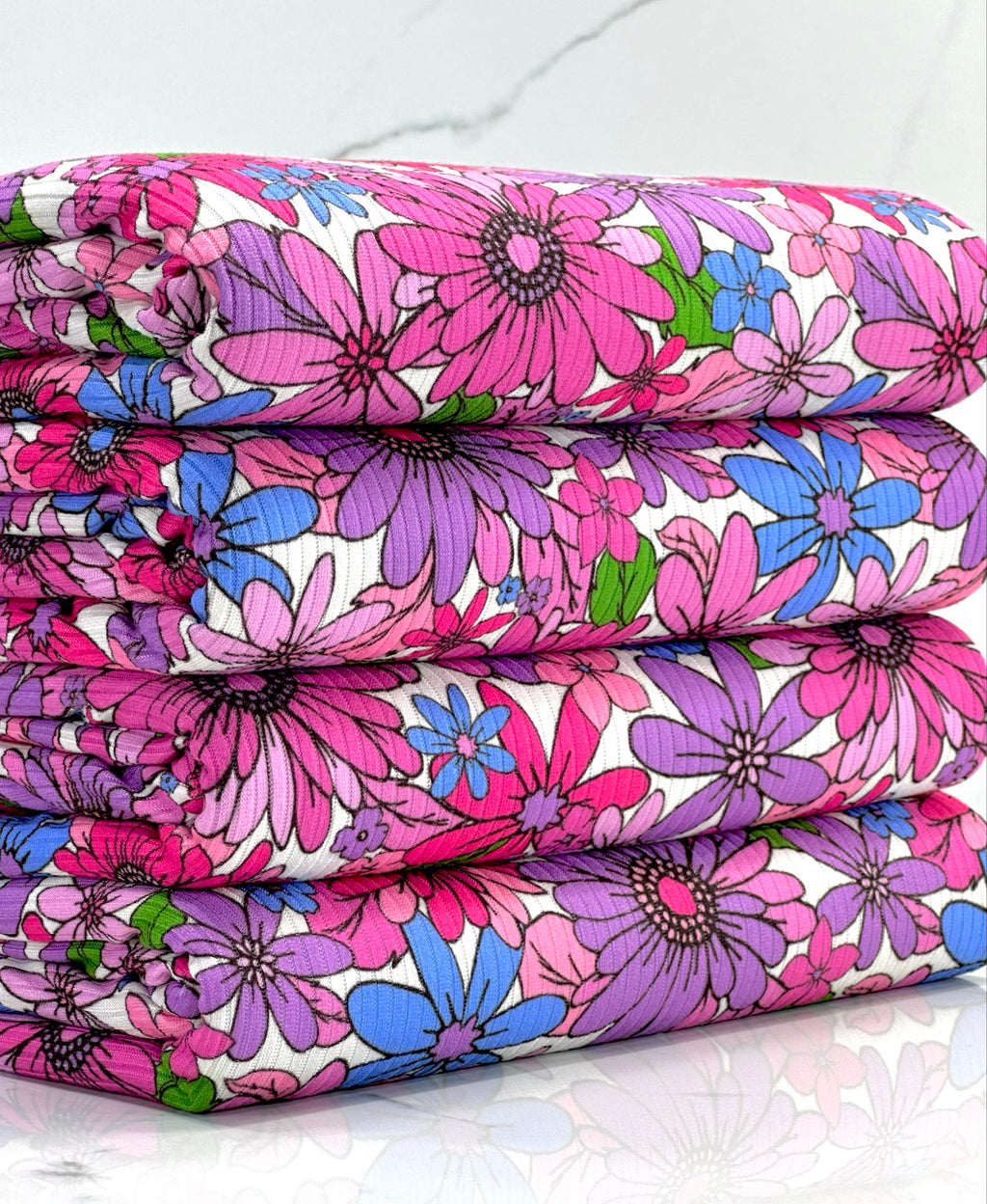 (YUMMY RIB) MAGENTA, PURPLE, FUCHSIA AND BLUE FLOWERS ON WHITE(2)