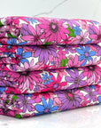 (YUMMY RIB) MAGENTA, PURPLE, FUCHSIA AND BLUE FLOWERS ON WHITE