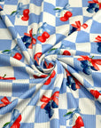 (2X2 YUMMY RIB) CHERRIES AND BLUEBERRIES WITH BOWS ON BLUE AND OFF WHITE CHECKERED