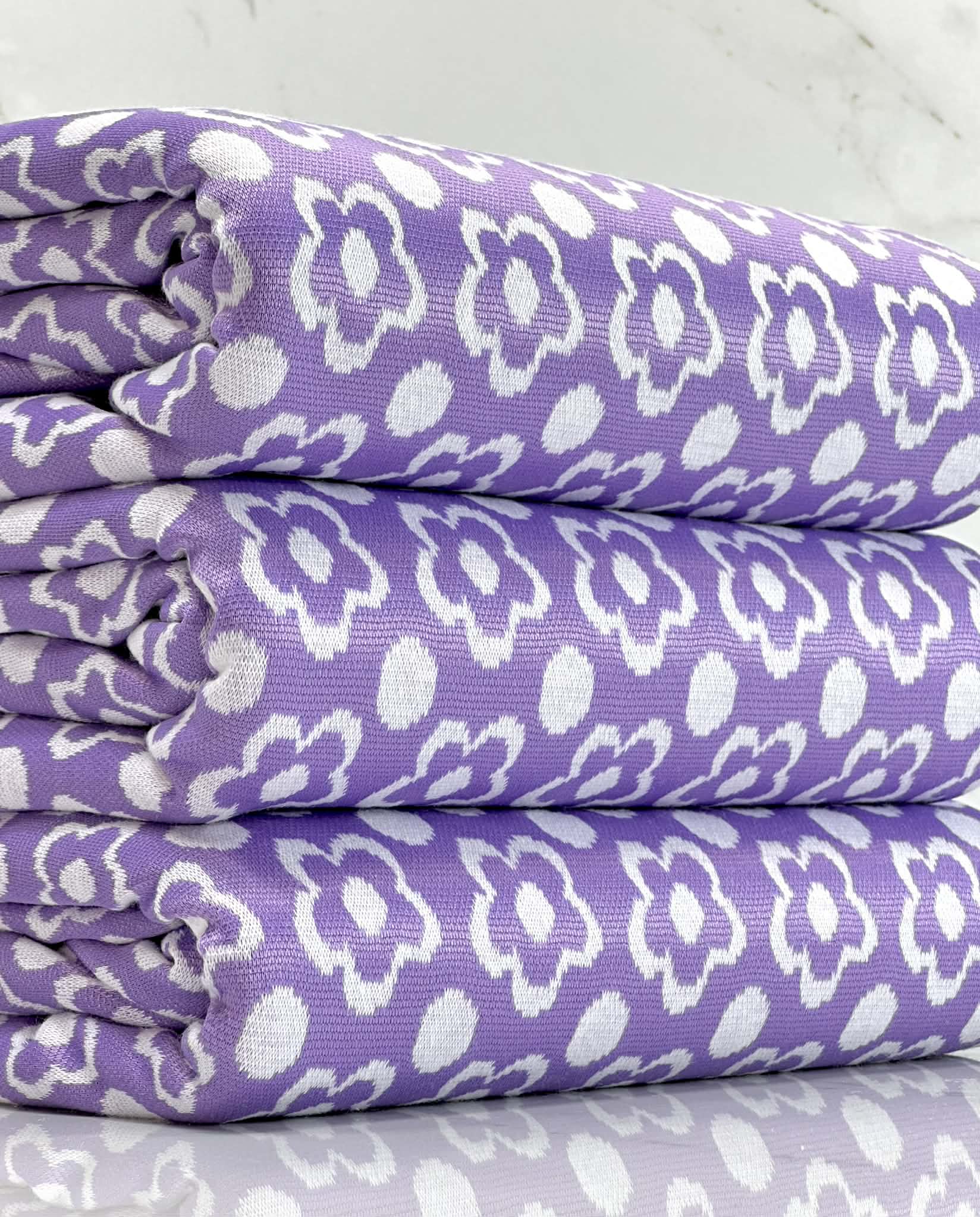 (DOUBLE KNIT) WHITE FLOWERS ON LAVENDER