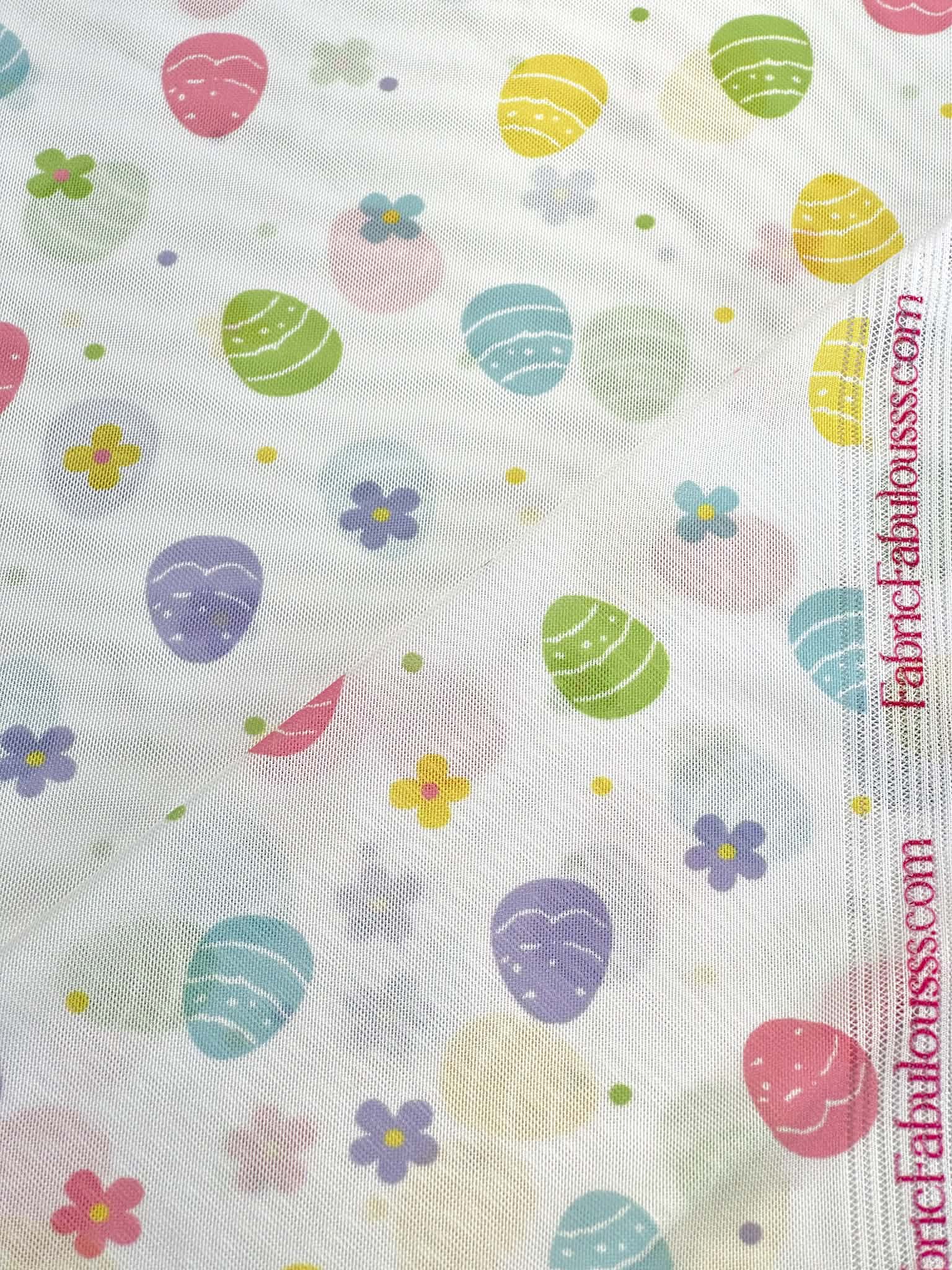 (MESH) PASTEL COLOR EGGS AND TINY FLOWERS ON OFF WHITE