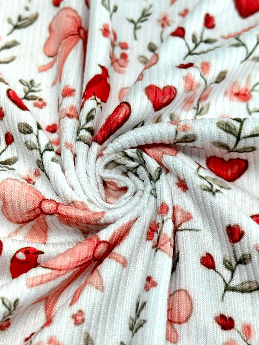 (2X2 BRUSHED RIB) HEARTS, BOWS, FLOWERS, AND RED BIRDS ON OFF WHITE