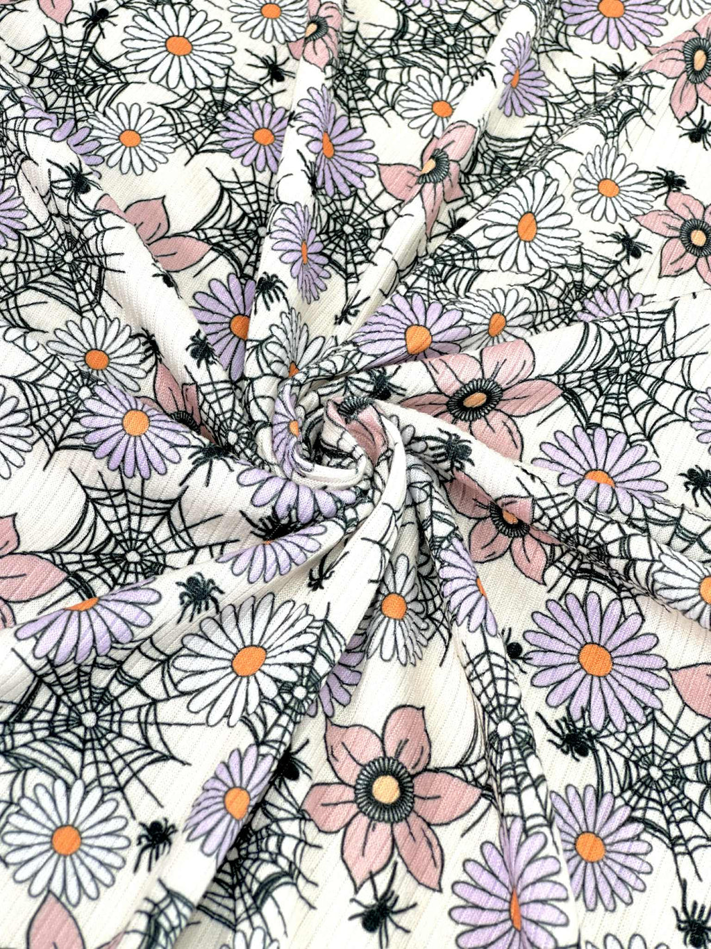 (4X2 RIB) SPIDERWEBS, FLOWERS, AND SPIDERS ON LIGHT CREAM