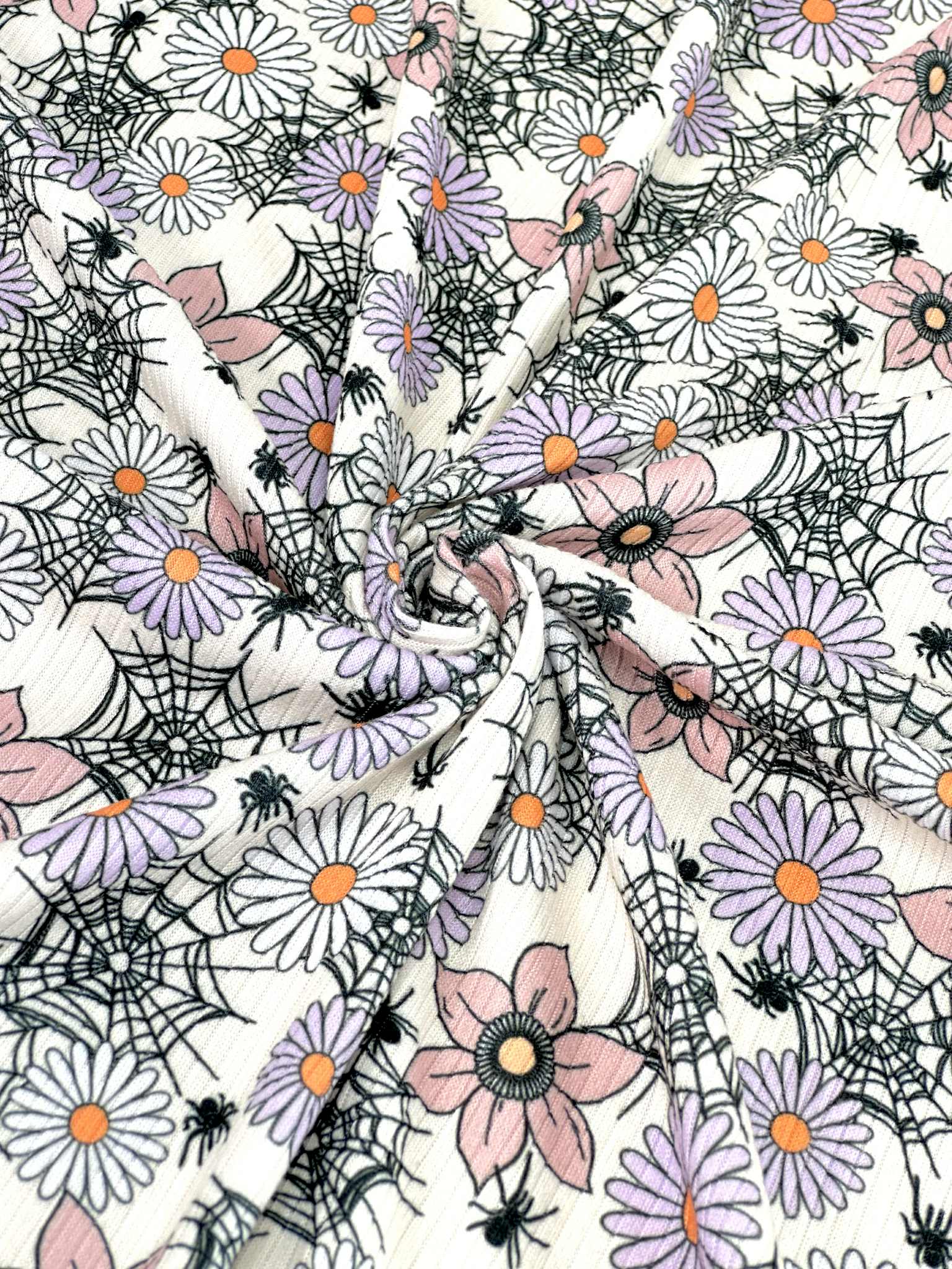 (4X2 RIB) SPIDERWEBS, FLOWERS, AND SPIDERS ON LIGHT CREAM