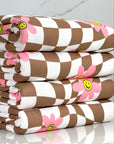 (YUMMY RIB) PINK, YELLOW HAPPY FACE FLOWERS ON BROWN CHECKERED WAVE