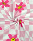 (DBP) PRETTY PINK, YELLOW HAPPY FACE FLOWERS ON LIGHT PINK CHECKERED WAVE