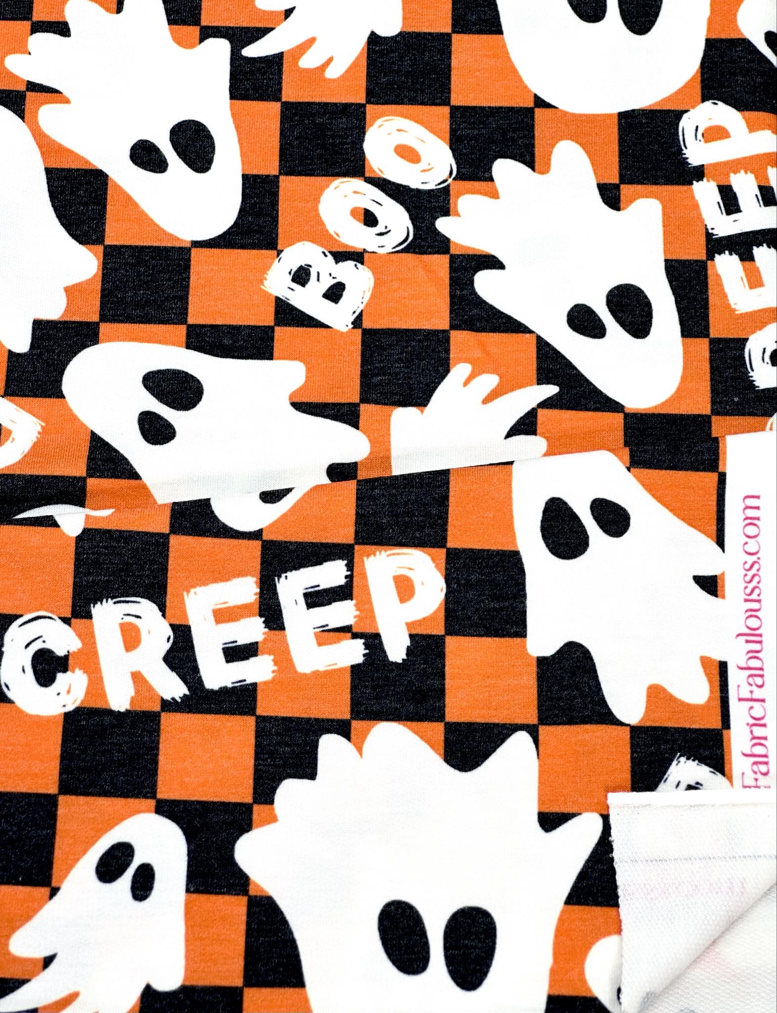 (FRENCH TERRY) GHOST ON ORANGE AND BLACK CHECKERED PRINT