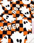 (FRENCH TERRY) GHOST ON ORANGE AND BLACK CHECKERED PRINT