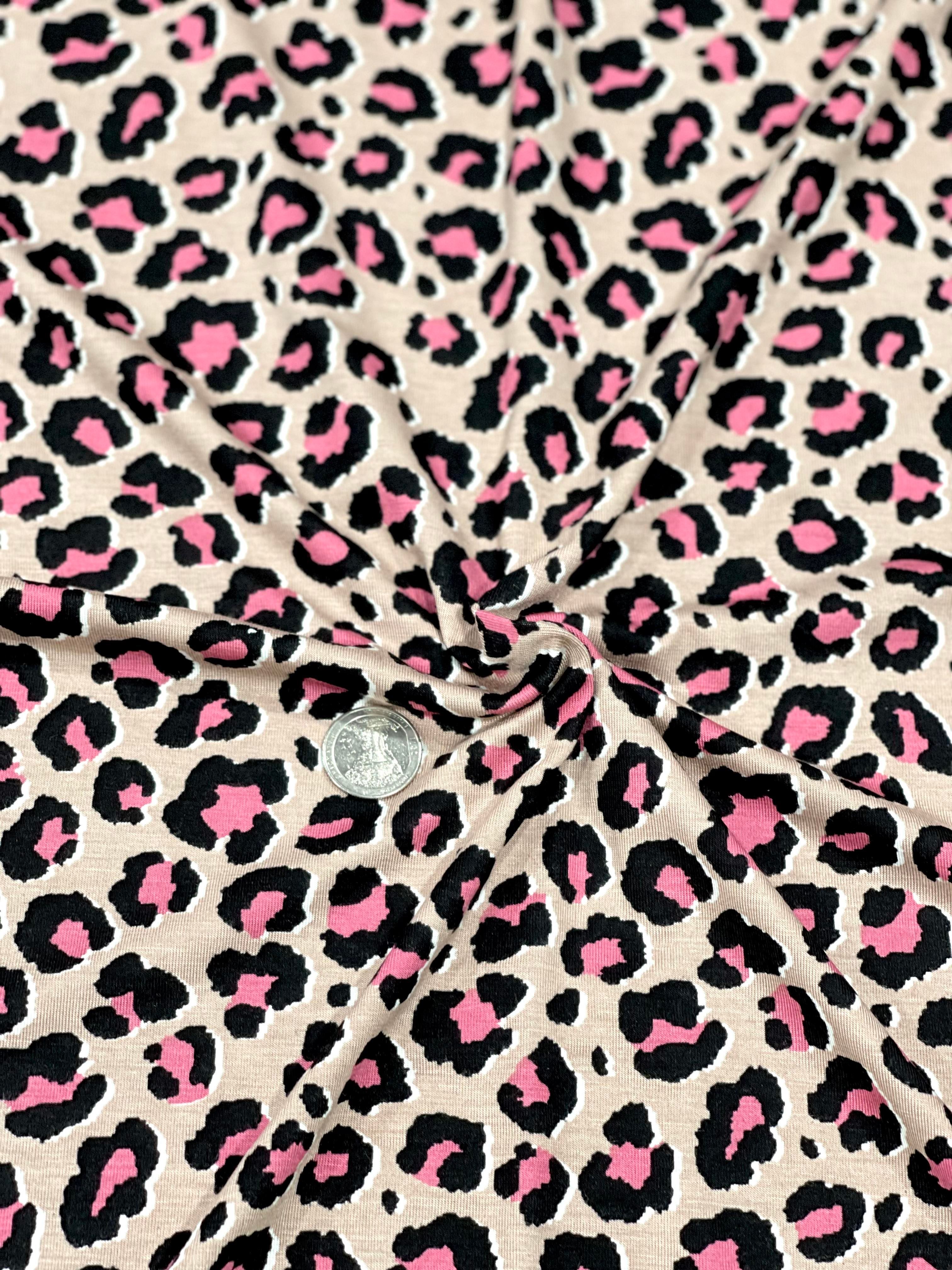 (SPANDEX)PINK &amp; BLACK CHEETAH ON TAN