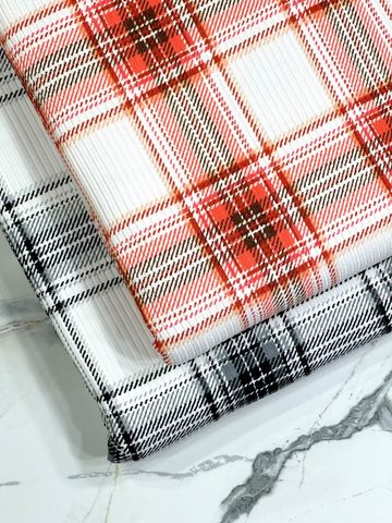 (RIB) CORAL, RED, AND BROWN PLAID ON OFF WHITE