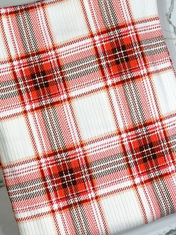(RIB) CORAL, RED, AND BROWN PLAID ON OFF WHITE